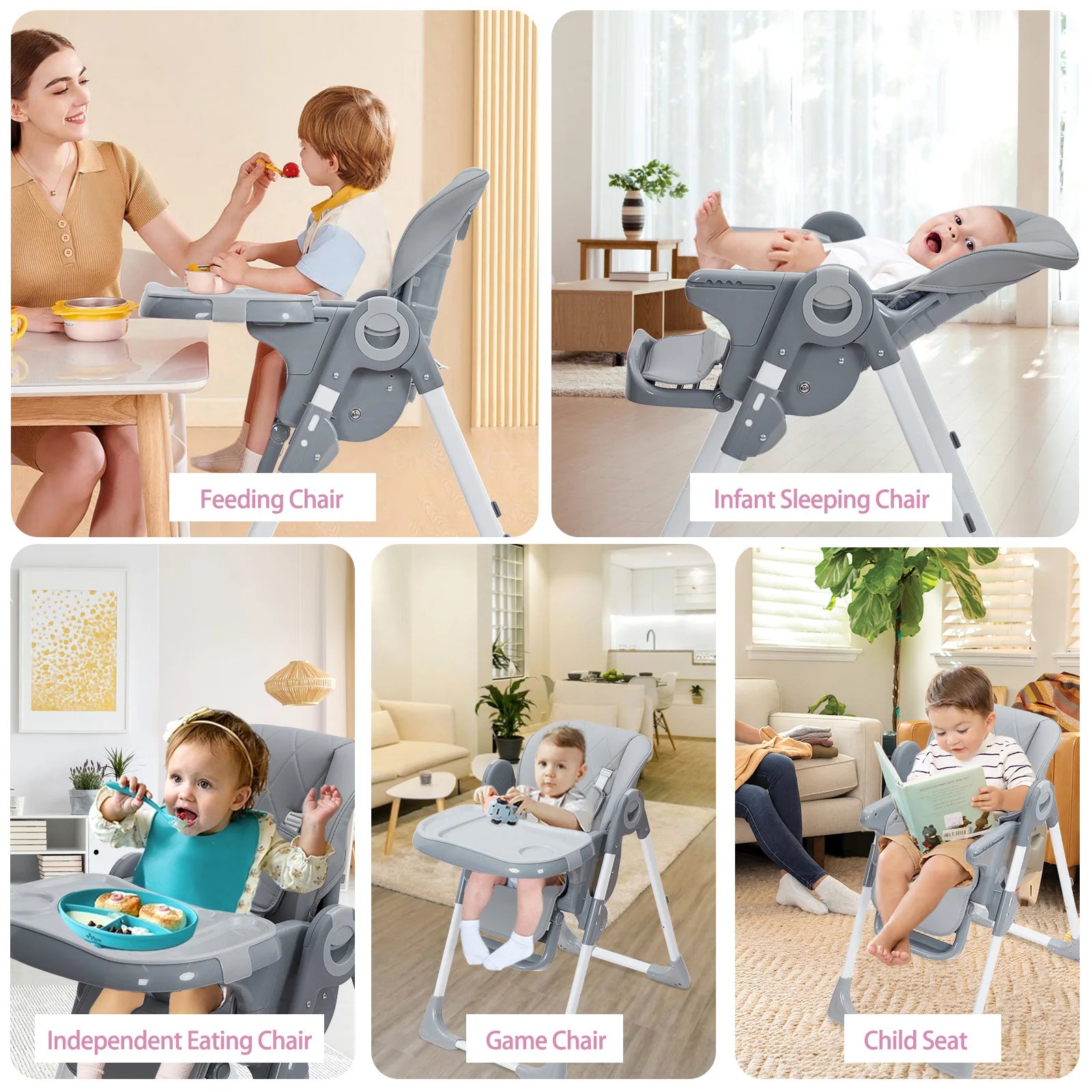High Chair, Adjustable Height and Recline, Foldable High Chair