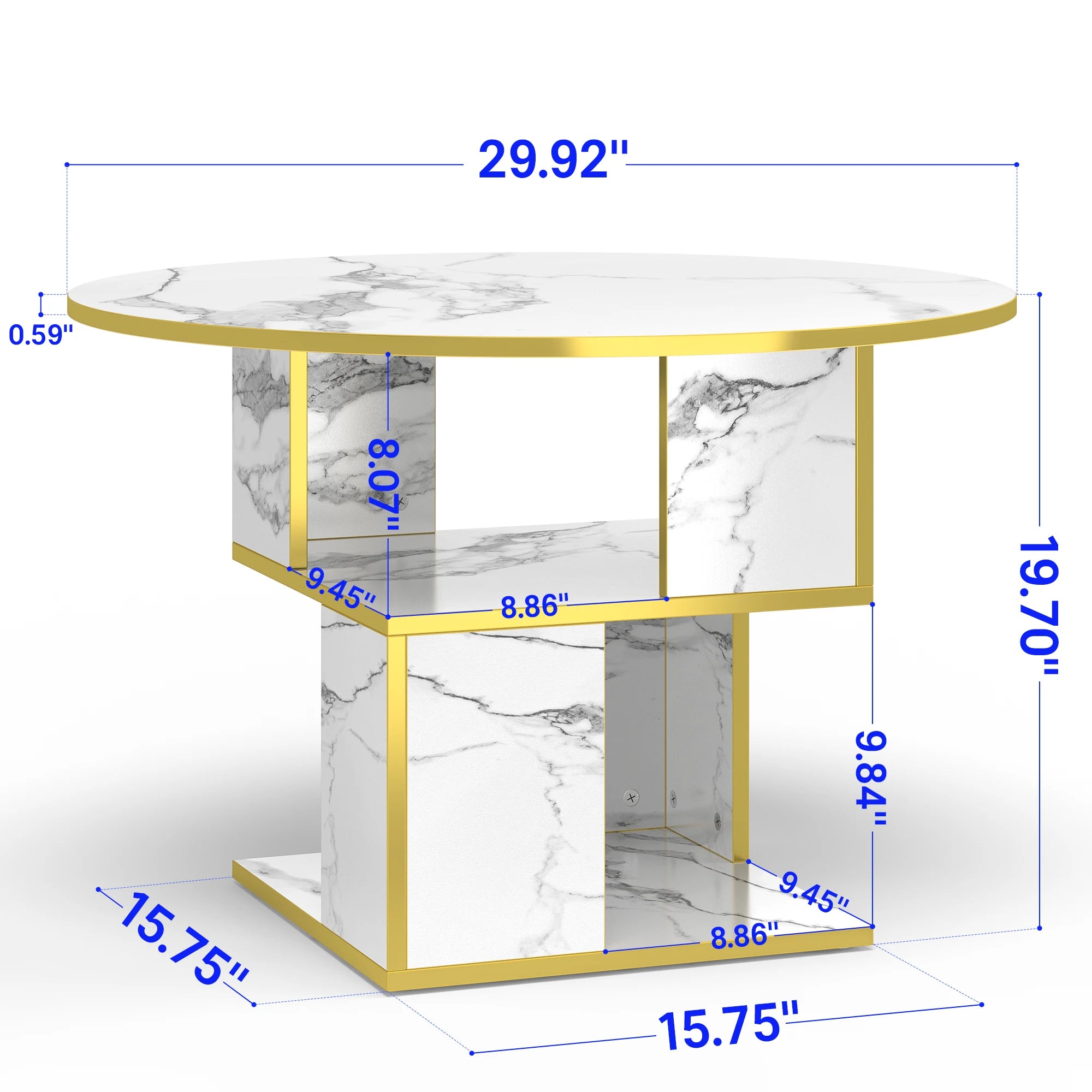 3-Tier Coffee Table, Storage, Wooden Tabletop-Marble White Gold Frame