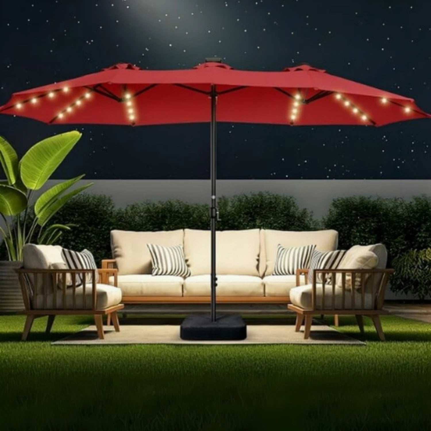 15Ft Rectangular Umbrella, Solar Lights 36 LED Lights, Base, Crank Handle