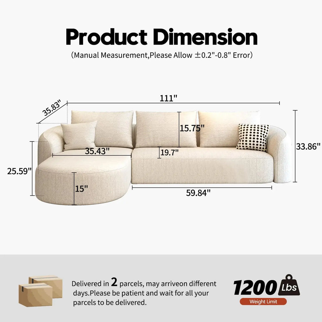 111" Modular Sectional Curved Back Sofa, L-Shape Boneless Cloud Couch