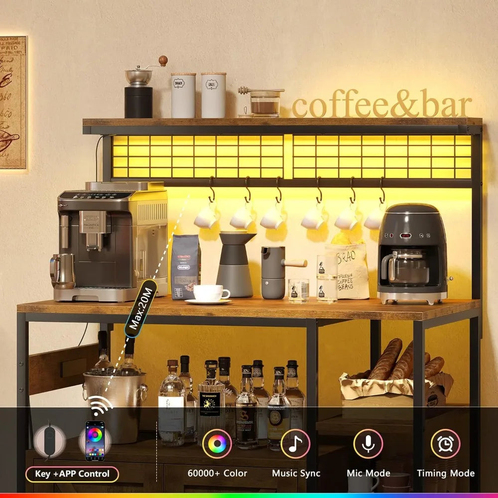 Bakers Rack, Power Outlet, LED Light, Storage Cabinet, Coffee Bar .