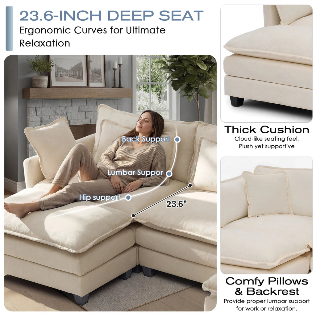113.4" Sectional Sofa, Ottoman, Cloud Couch, Deep Seat (23.6" D)