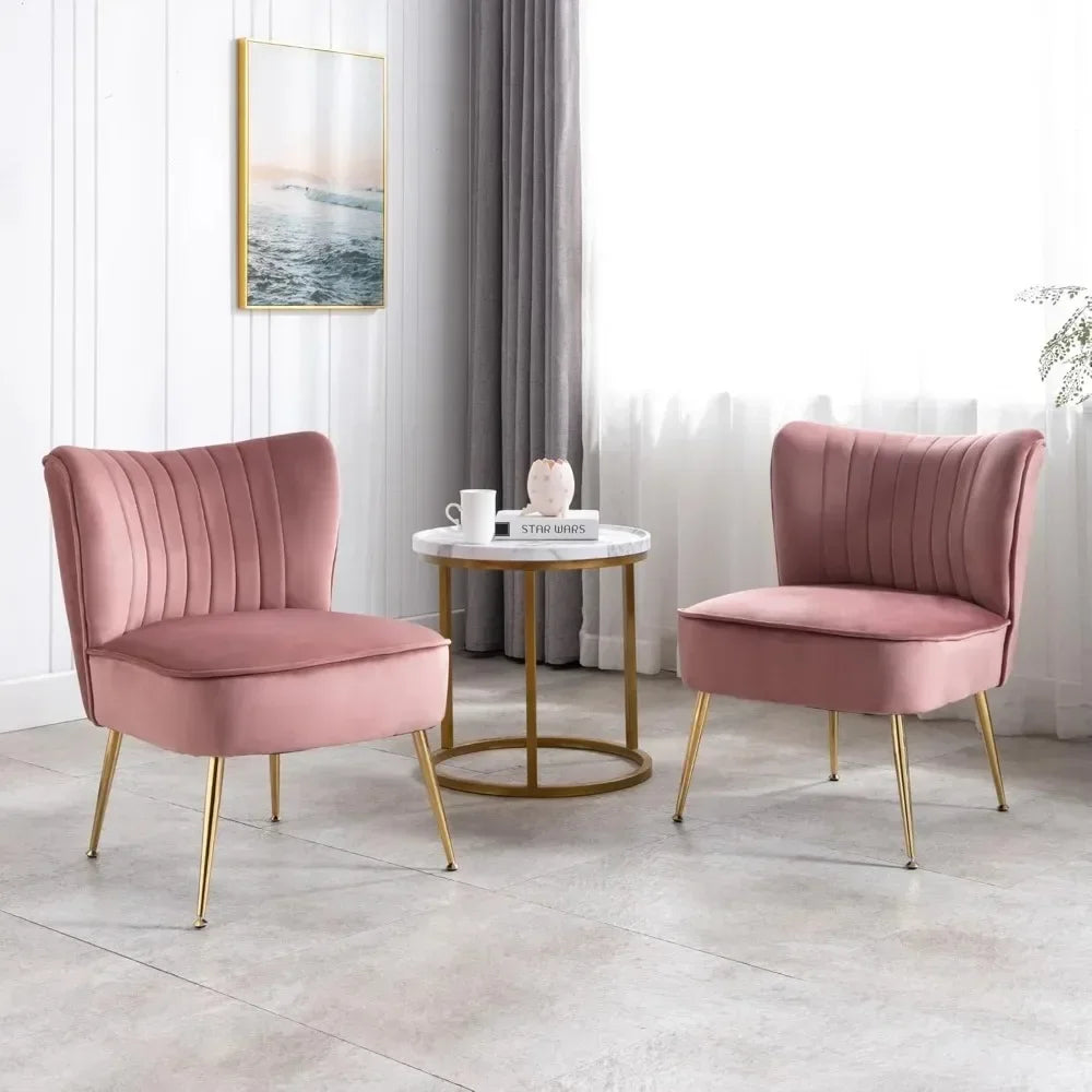 Velvet Accent Chairs Set of 2, Pink Armless Slipper Chairs, Golden Legs