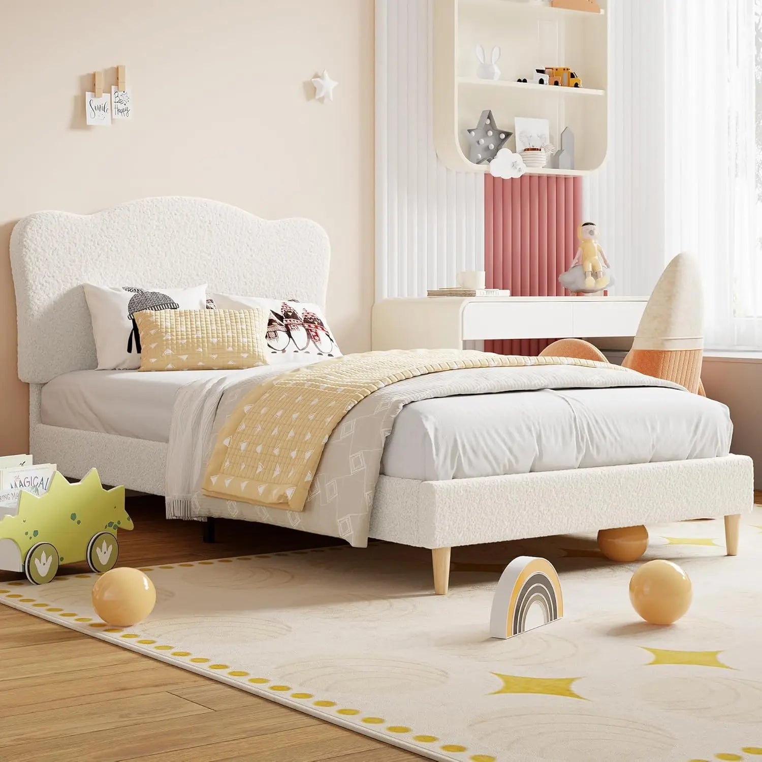 Twin Upholstered Bed, Scallop Headboard Velvet Platform Wooden Slats Noise Free