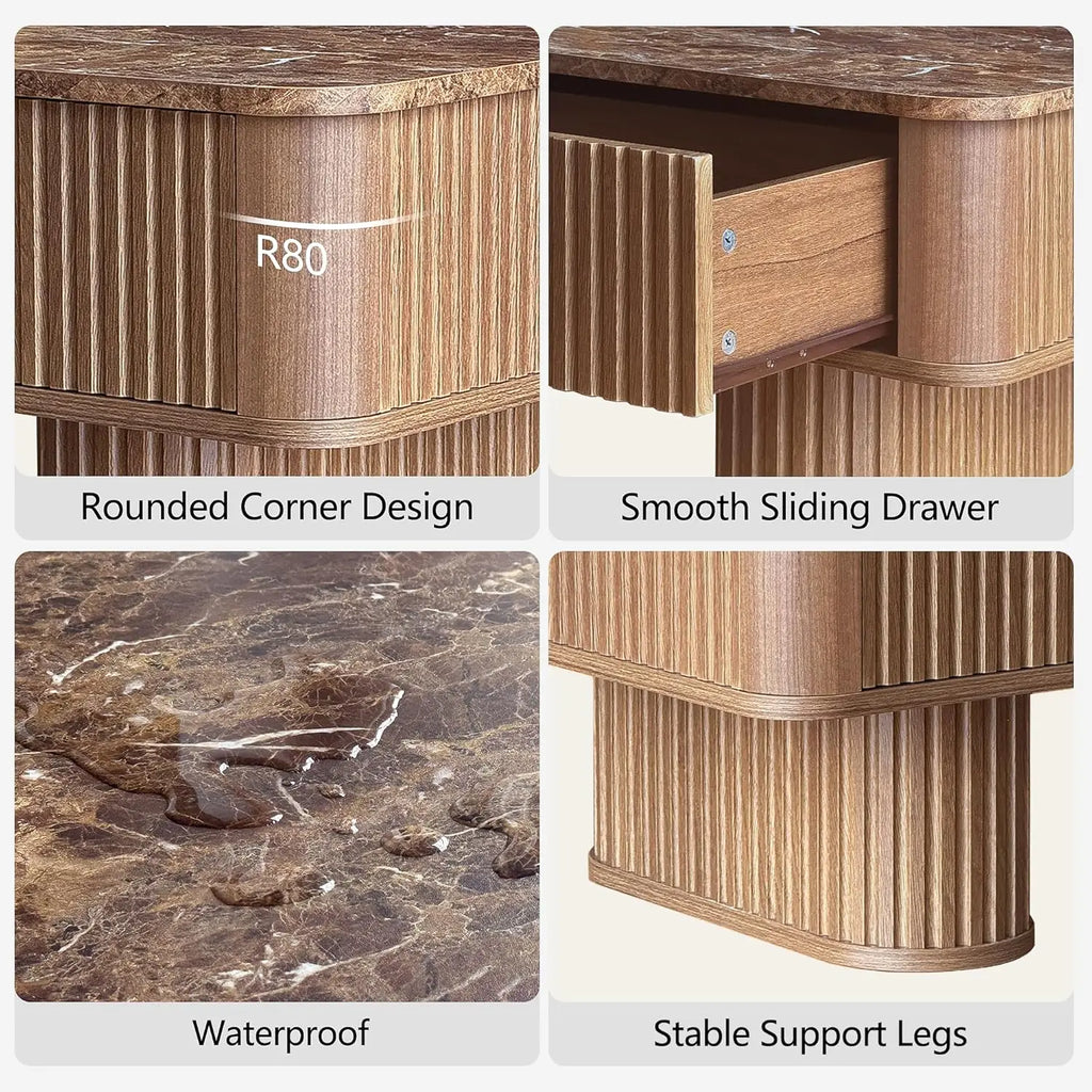 Fluted Coffee Table Storage, Faux Marble Top, Minimalist Rectangle Shape