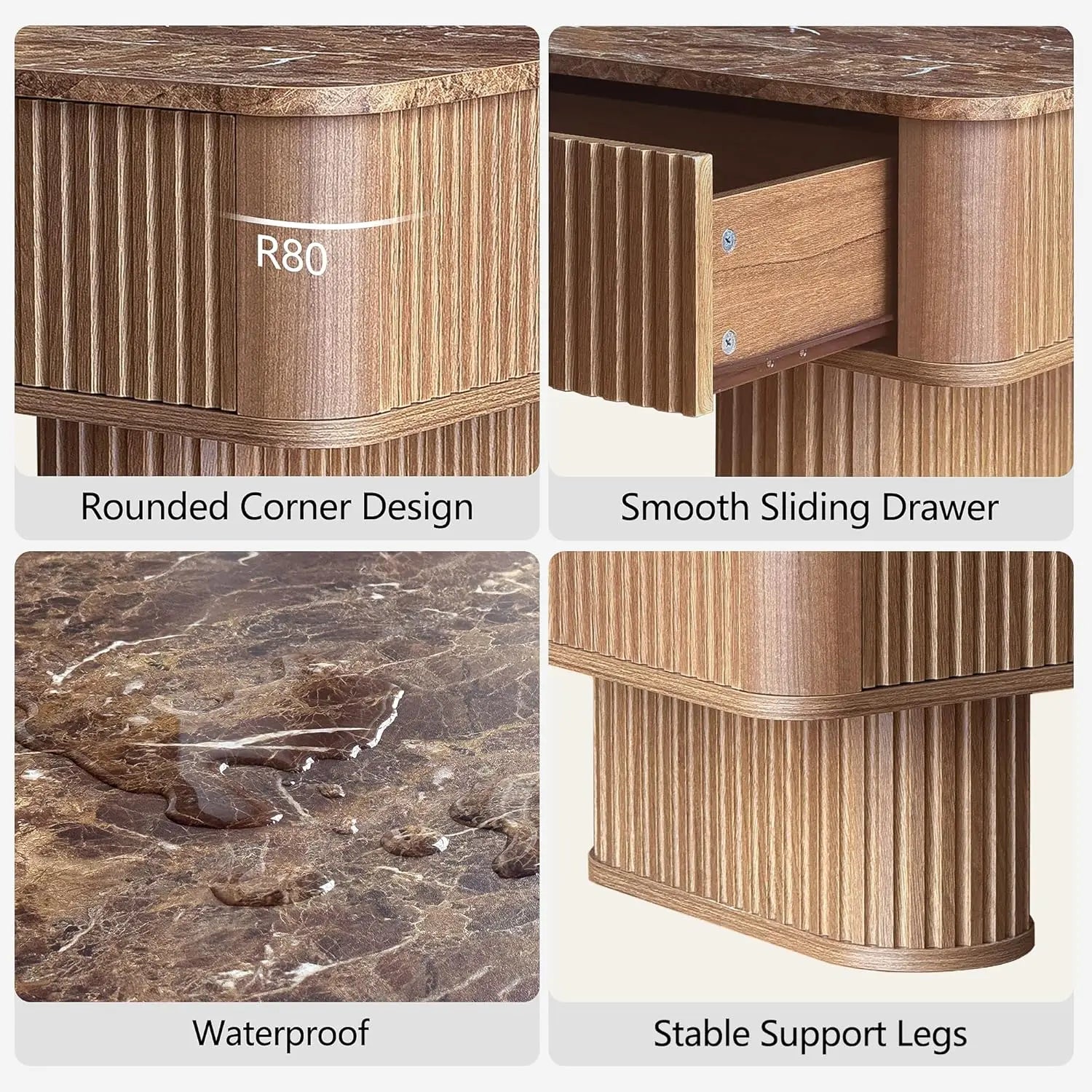 Fluted Coffee Table Storage, Faux Marble Top, Minimalist Rectangle Shape