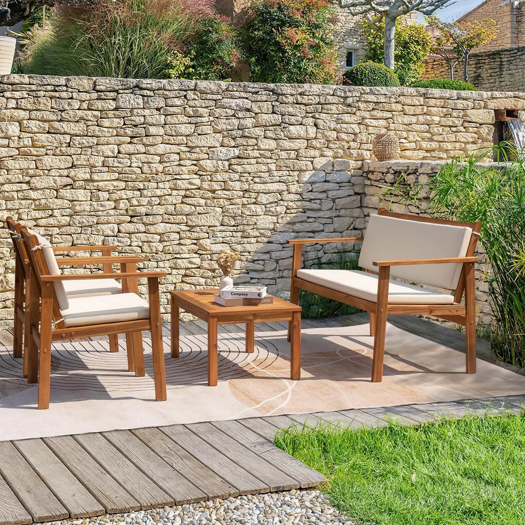 4-Piece Acacia Wood Patio Bistro Set Loveseat Coffee Table Cushion