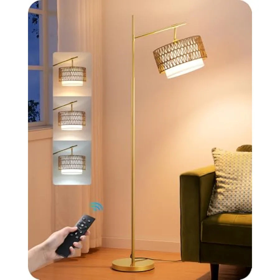 Rattan Arc Floor Lamp, Remote, Fabric Dual Shades, Dimmable LED B