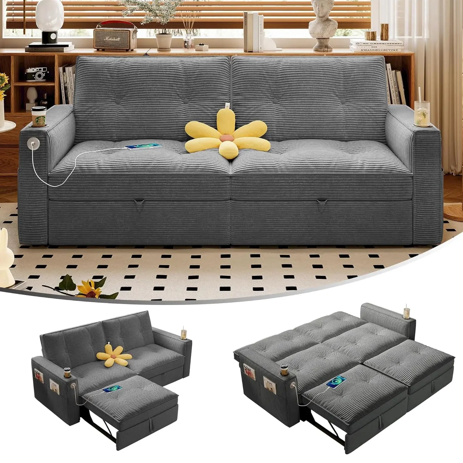 73" 2-Seater Queen Size Loveseat Sleeper Sofa, Pull Out Bed, USB