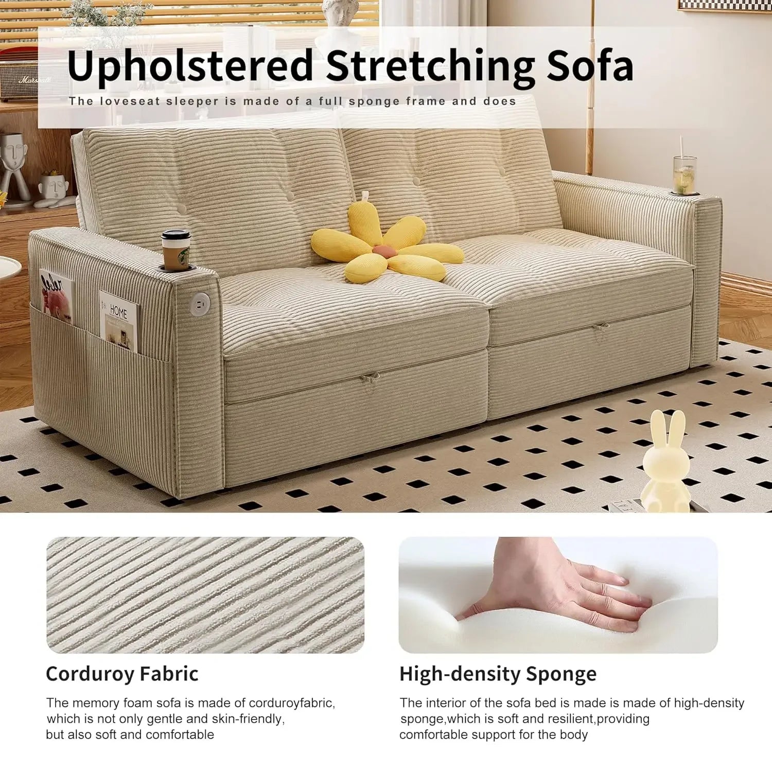 73" 2-Seater Queen Size Loveseat Sleeper Sofa, Pull Out Bed, USB