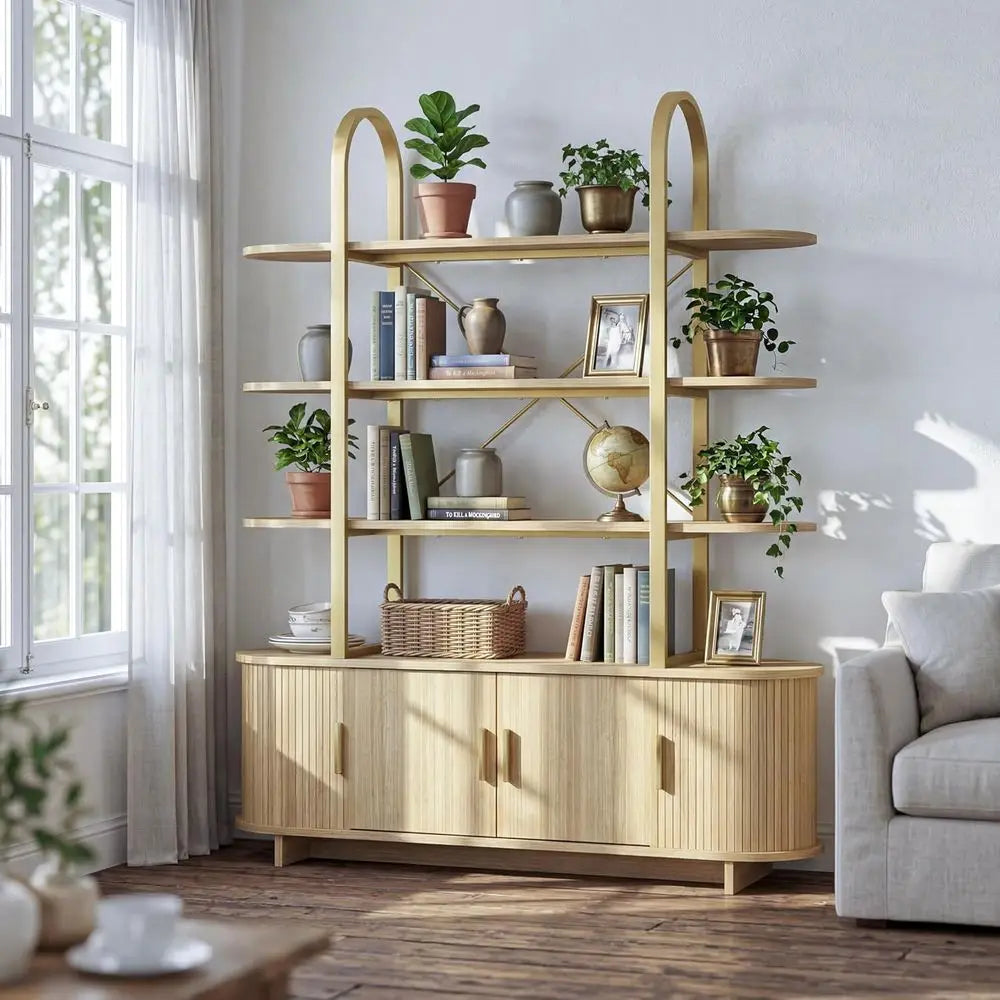 Elegant Tall Arched Wooden Bookcase Cabinet, Sliding Doors, Secret Compartments