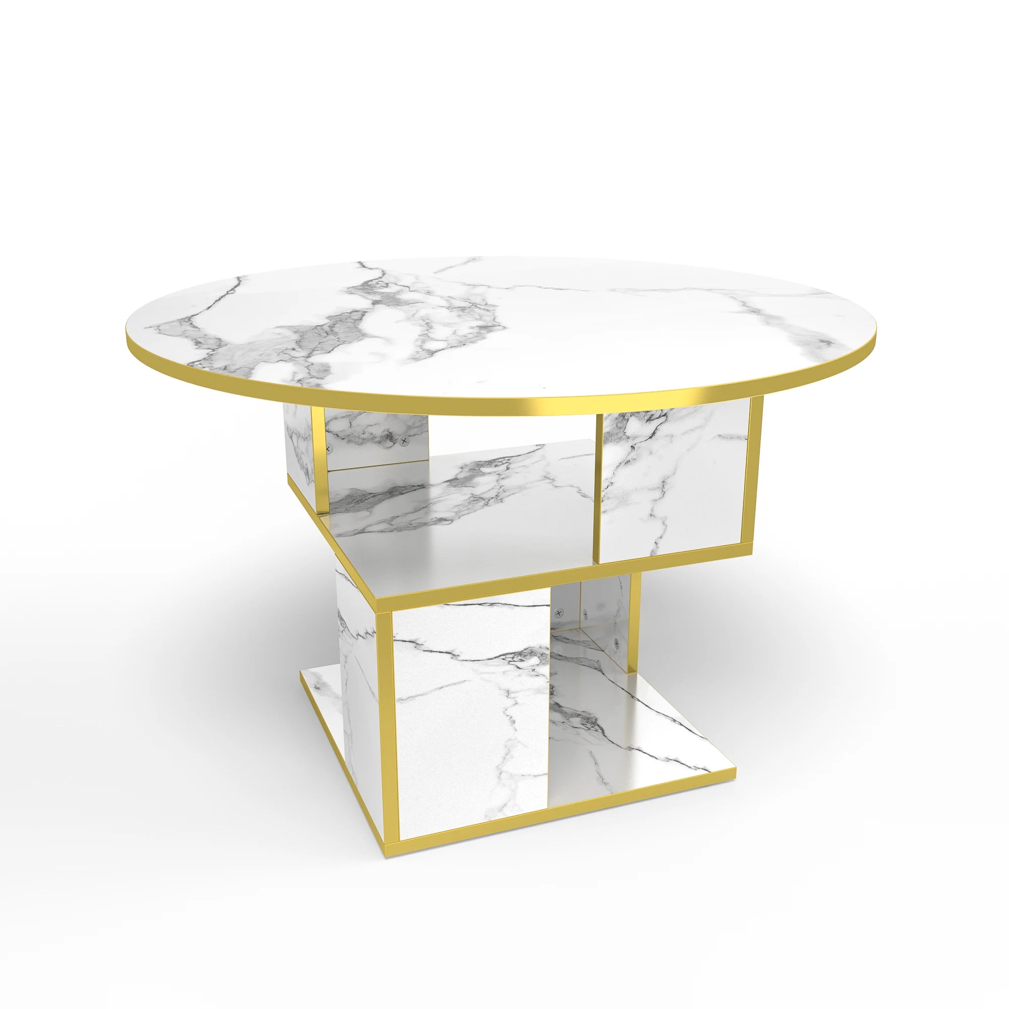 3-Tier Coffee Table, Storage, Wooden Tabletop-Marble White Gold Frame