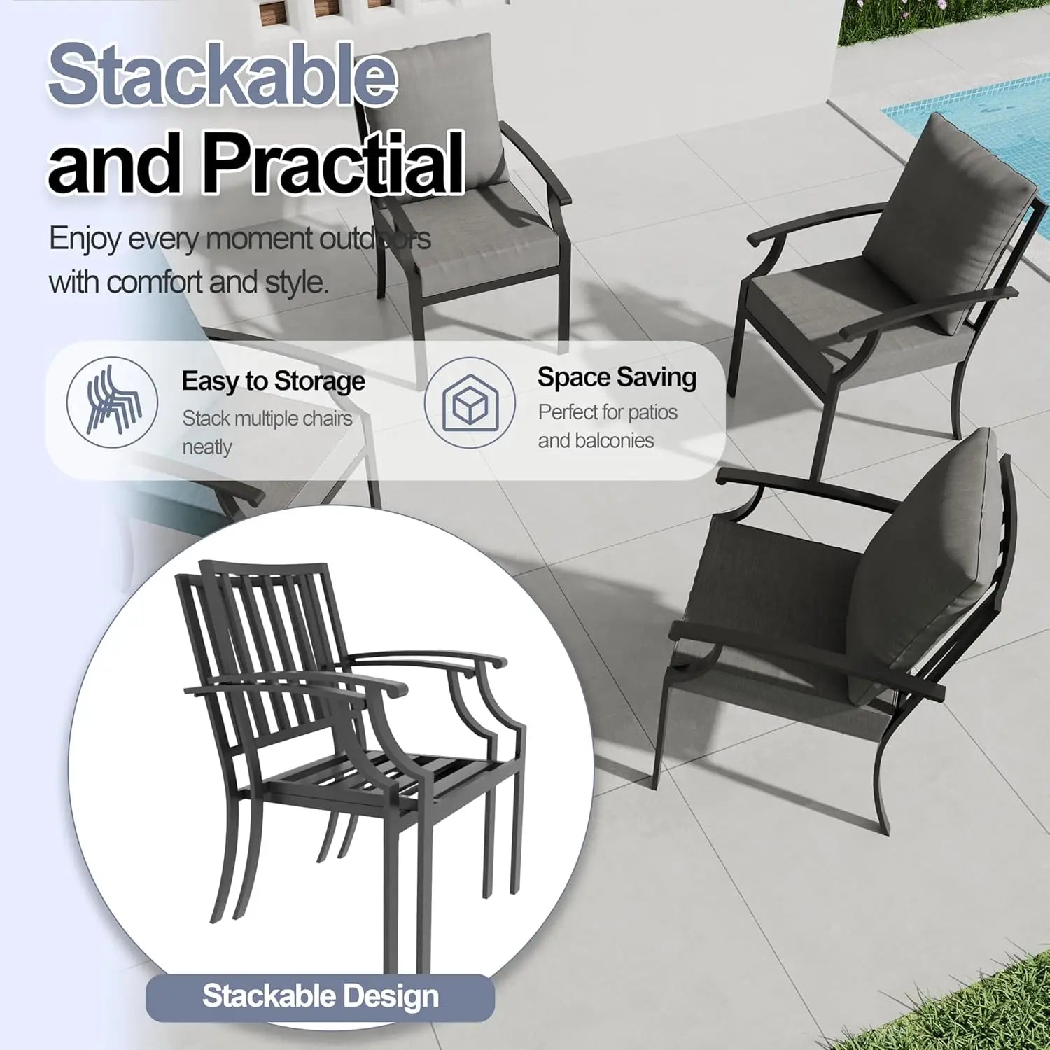 7-Piece Outdoor Set for 6, Metal Patio Table Chairs Cushions, 2 Swivel