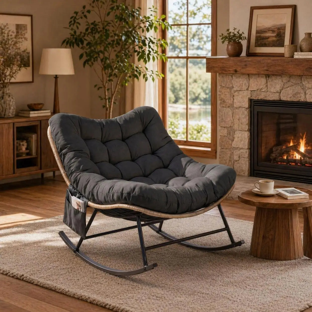 Oversized Papasan Rocking Chair, Thick Cushion, Curved Leg Wicker Rattan Rocker