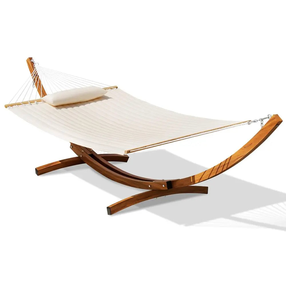 Cotton Fabric Double Hammock, Spreader Bars, 10.5 FT Wood Arc, Wood Stand