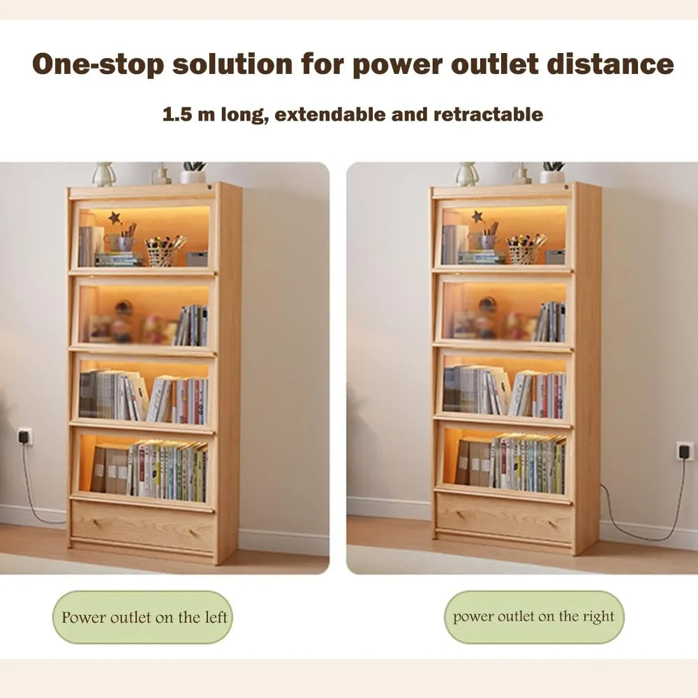 73" Tall 4 -Tier Wood Bookcase, Flip-Up Tempered Glass Doors, 3 Color LED