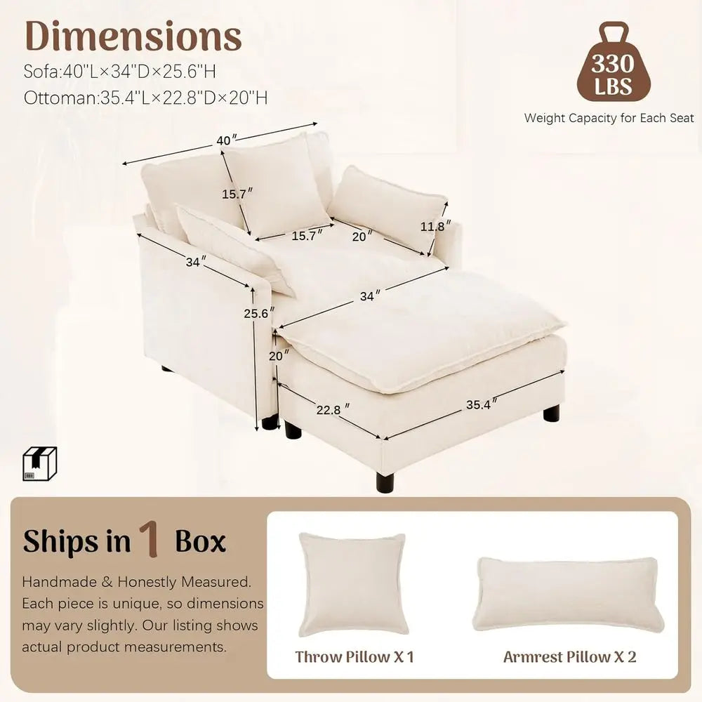 Chenille Upholstered Accent Chair,  Ottoman, Spring-Embedded Cushion, Removable Covers