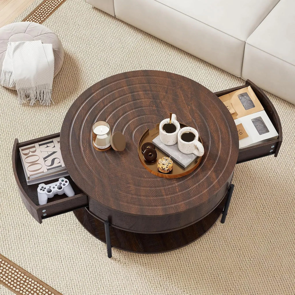 Round Coffee Table, 2-Drawer 2-Tier Rustic Wood Desktop Shelf