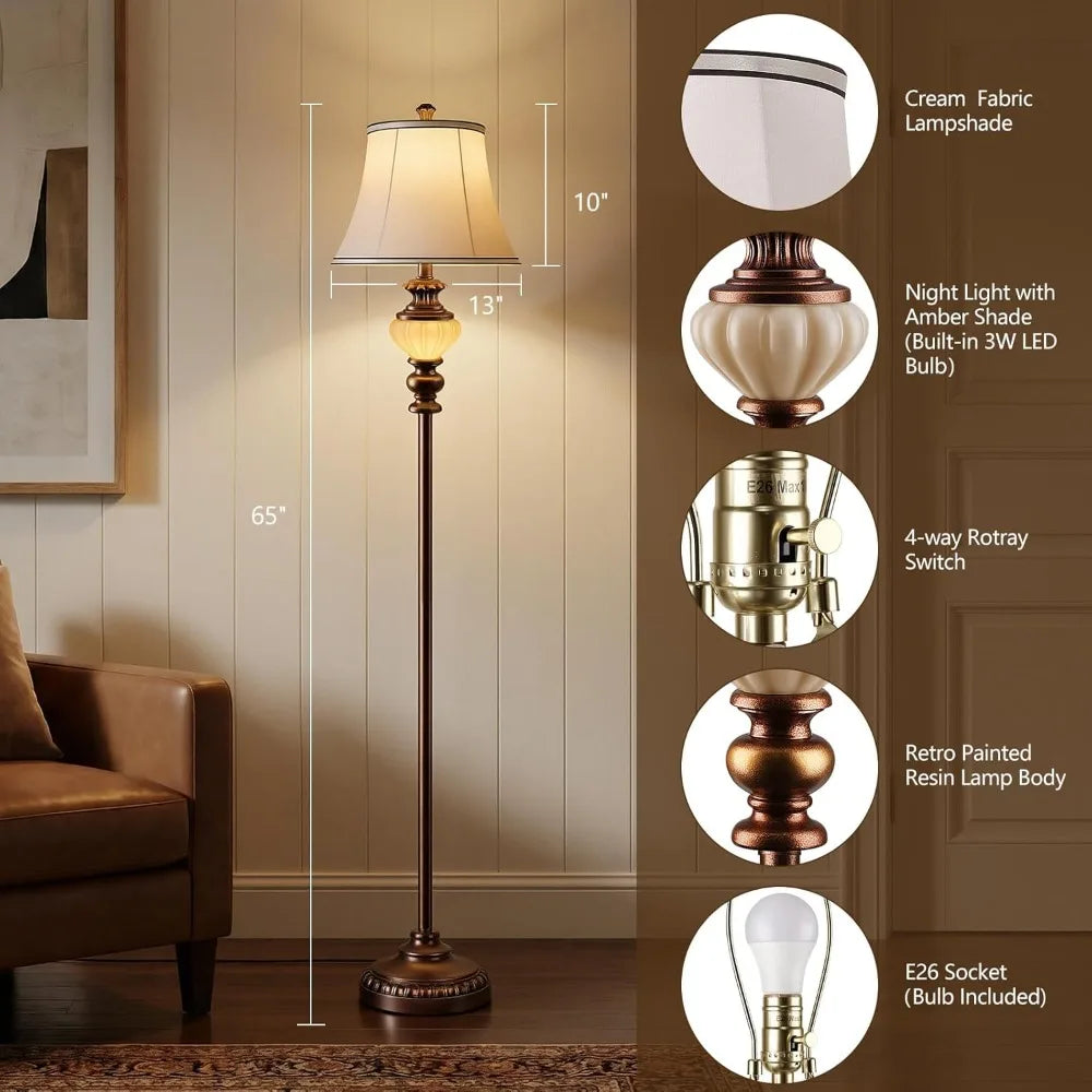 65'' Vintage Floor Lamp Nightlight, Fabric Shade Rotary Switch, LED Bulb Included