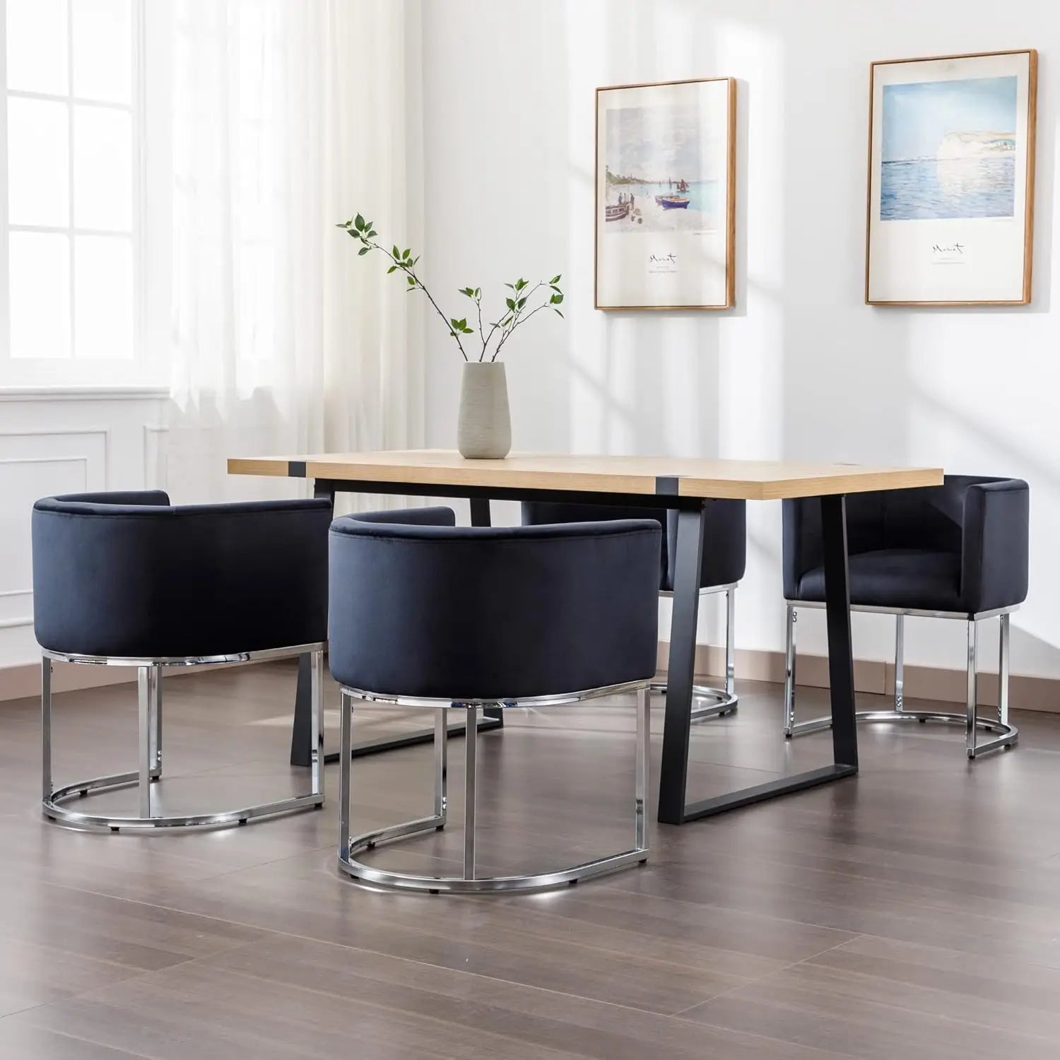 Velvet Set-of-4 Barrel Arm Dining Chairs w/Chrome Metal Frame