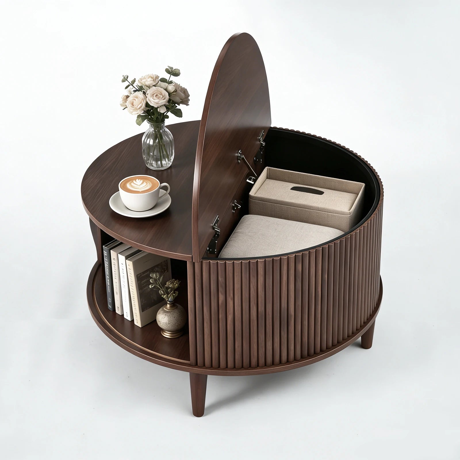 31IN Round/Flip-Top Storage Coffee Table, Fluted Center, 2-Tier, Sliding Door