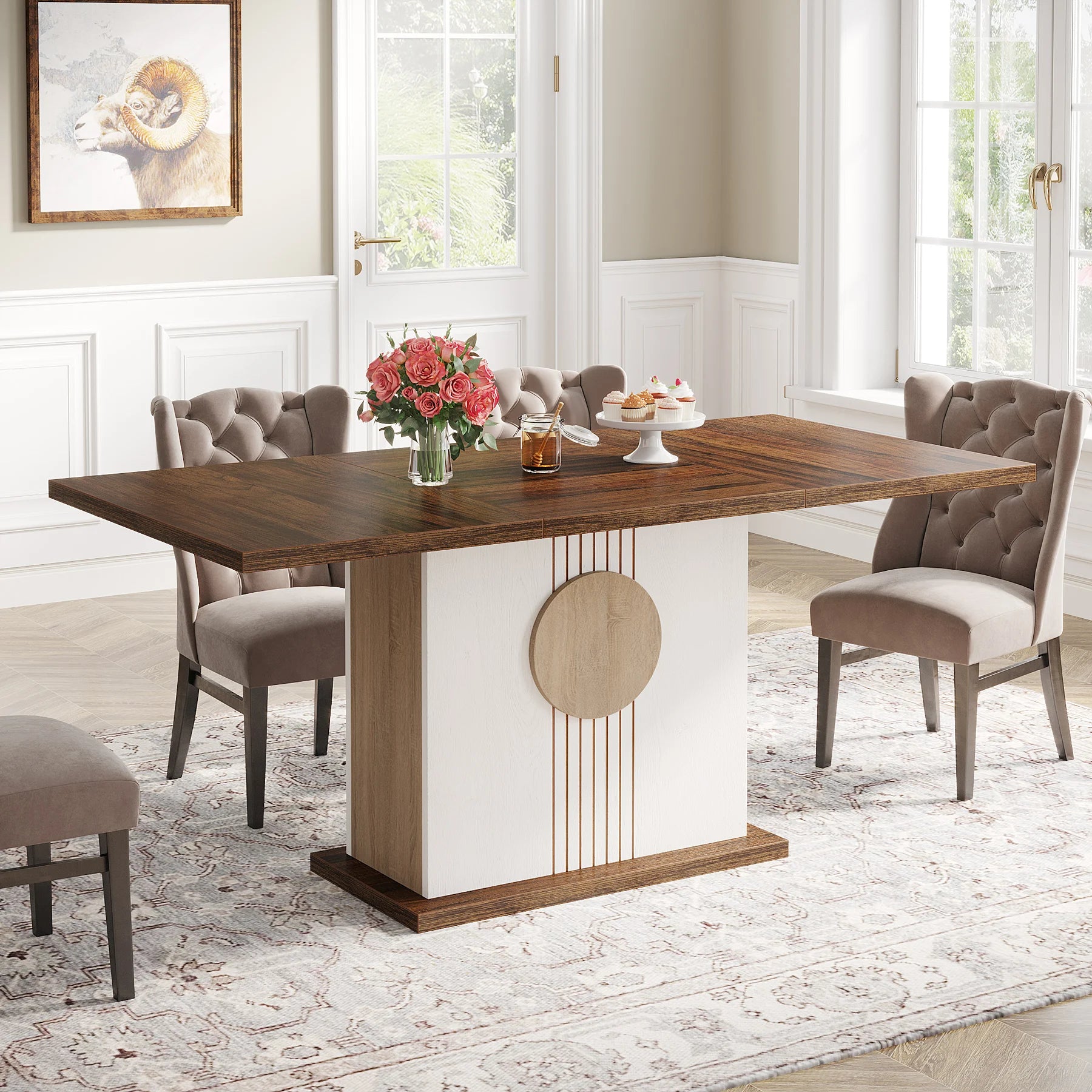 55" Rectangular Farmhouse Wood Dining Table for 4 to 6 People