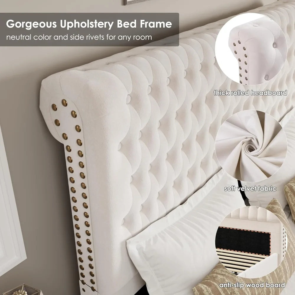 Queen Size Upholstered Tall Headboard, Button Tufted Velvet 4 Drawers