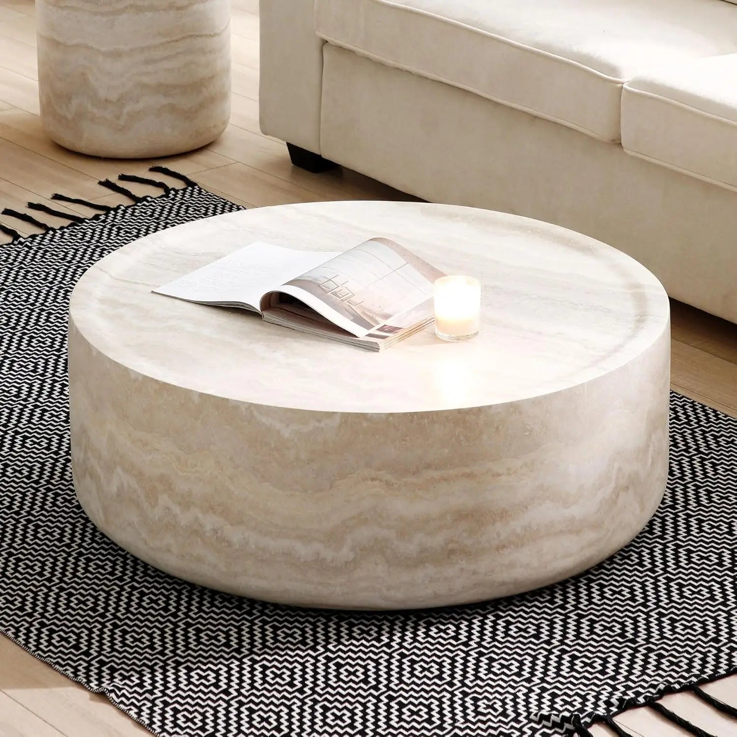 Set of 2 Round Coffee Table, Marble Grain Circke NestingTable