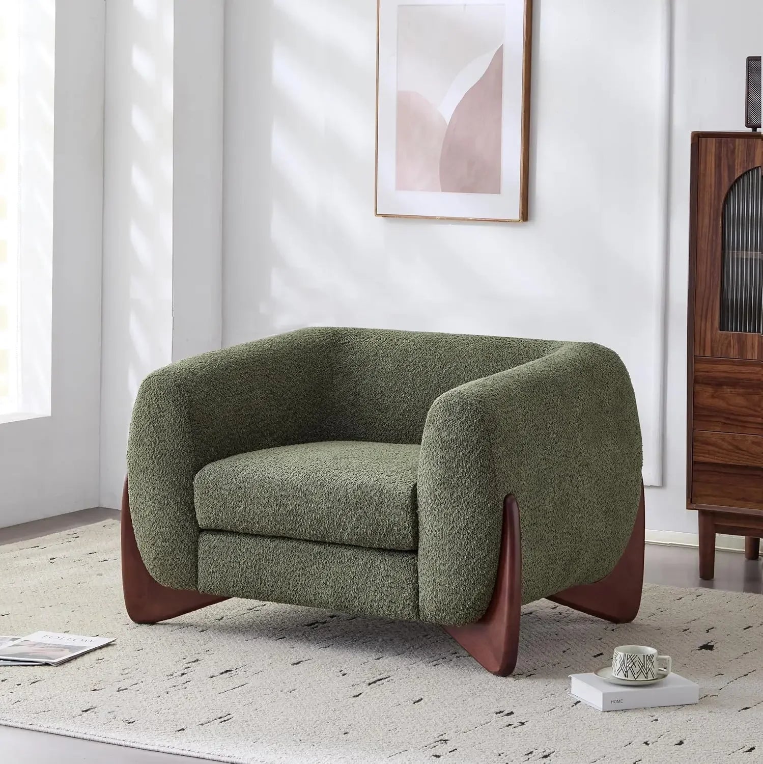 Boucle Fabric Upholstered Club Chair, Relaxing Chair w/Removable Seat Cushion