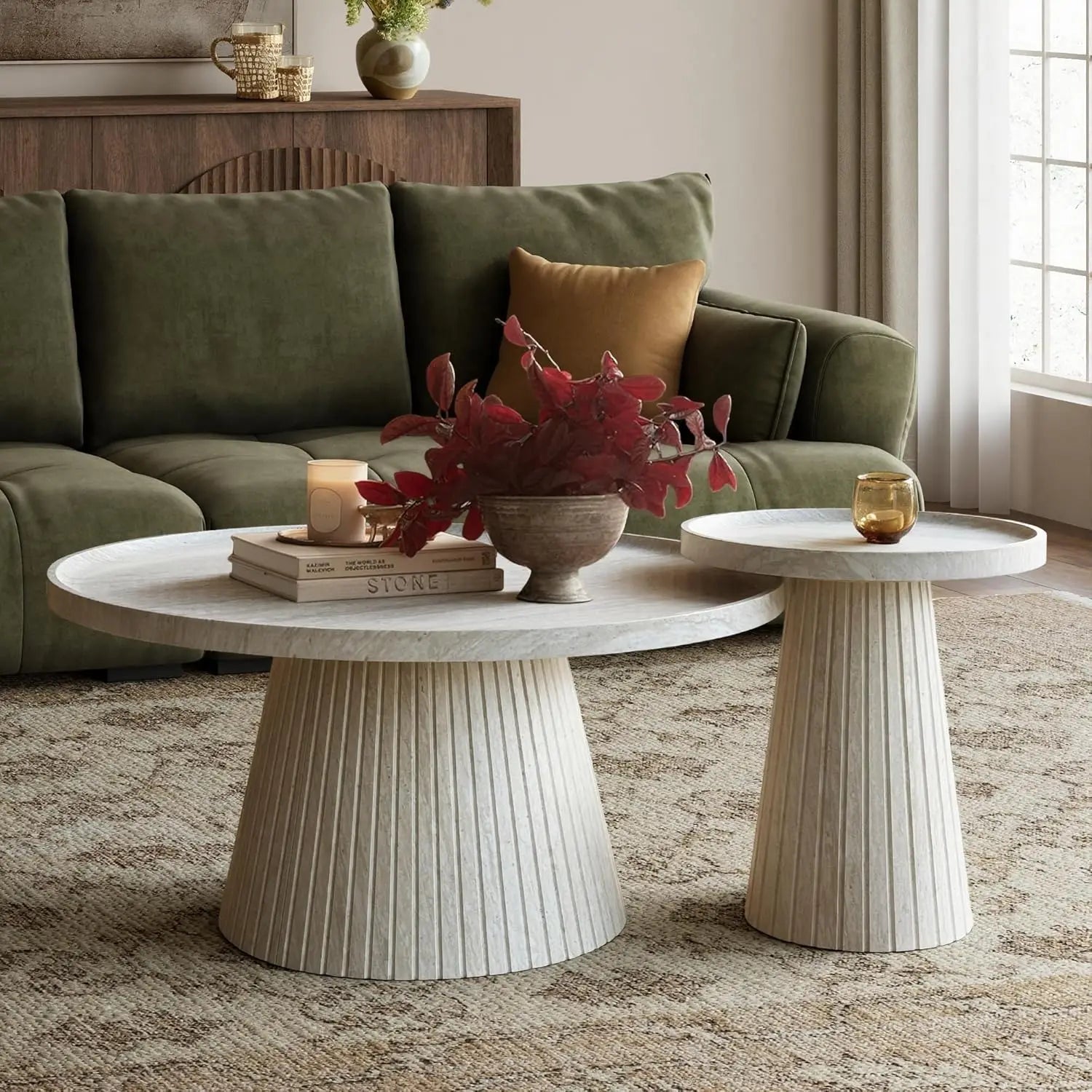 Coffee Table Set of 2, Fluted Faux Stone Veneer, Travertine Tea Table