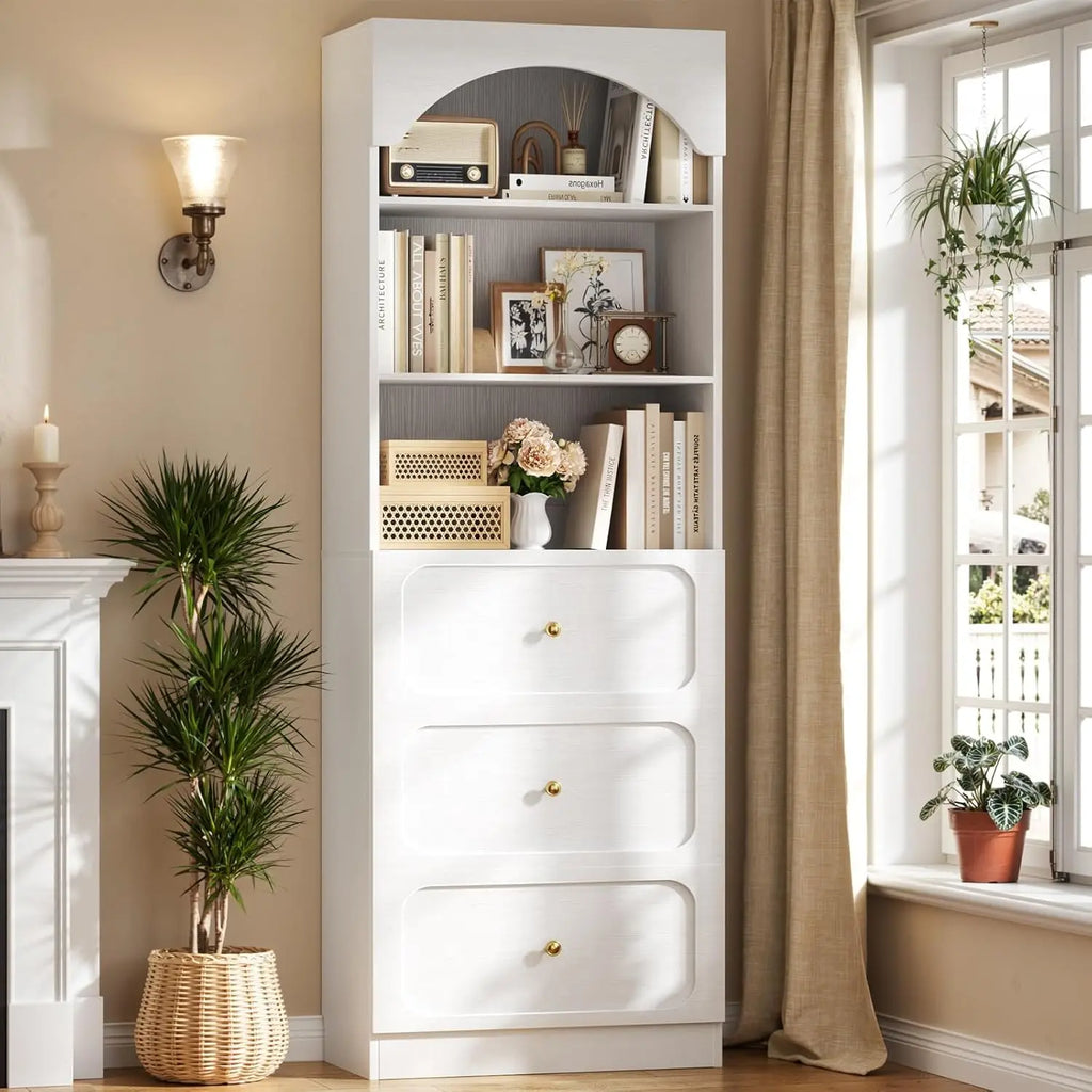80" Wooden Arched Bookcase 3 Drawers 3-Tier Open Shelves