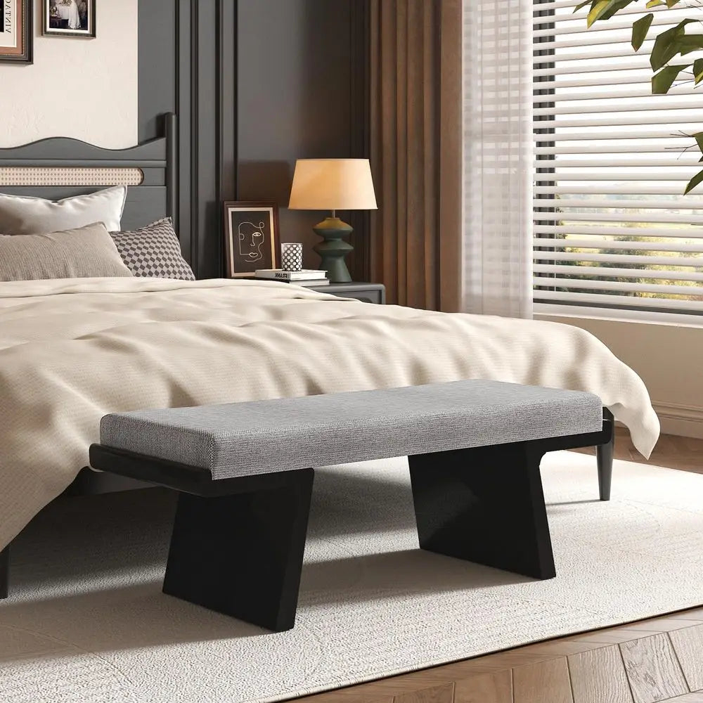 Bed Bench, Upholstered, Solid Wood Legs, Floating Design, Linen Fabric
