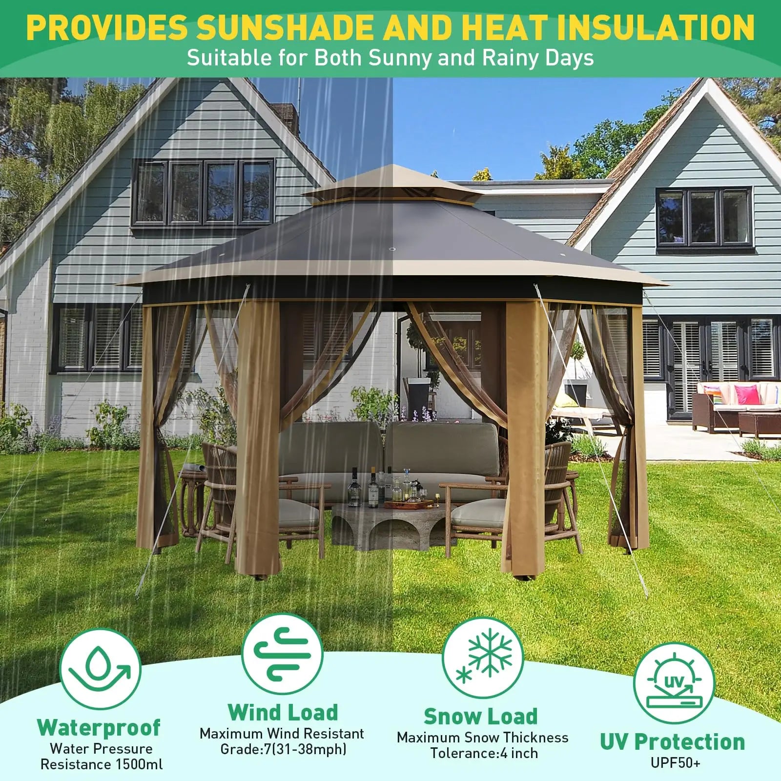 13'x13' Heavy Duty Pop Up Gazebo/Canopy Tent W/Mosquito Netting Double Roof