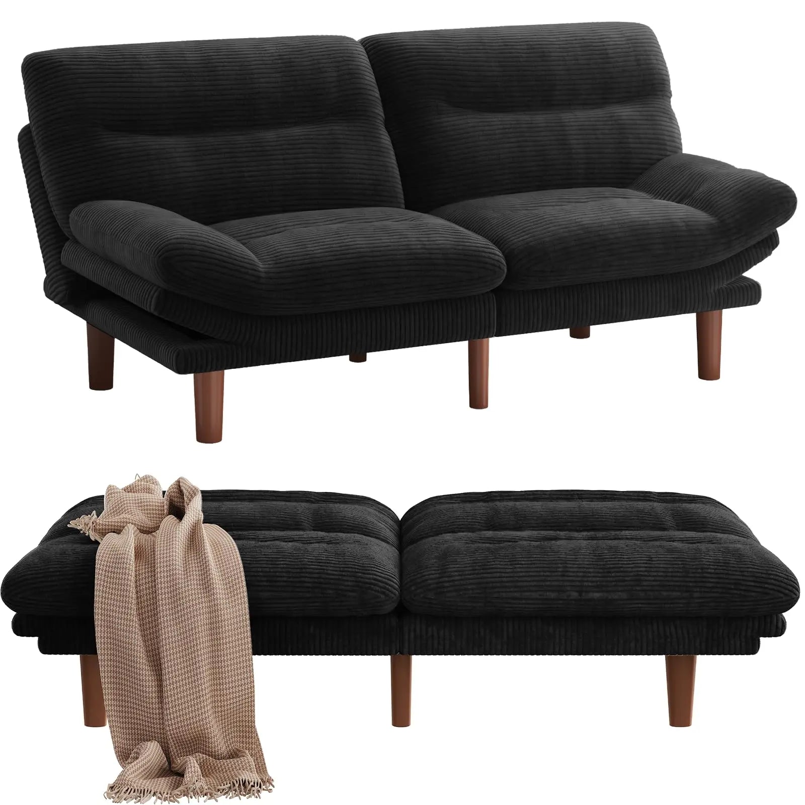 Futon Sofa Bed, 66IN Corduroy Recliner Sleeper, Adjustable Backrest, Armrests