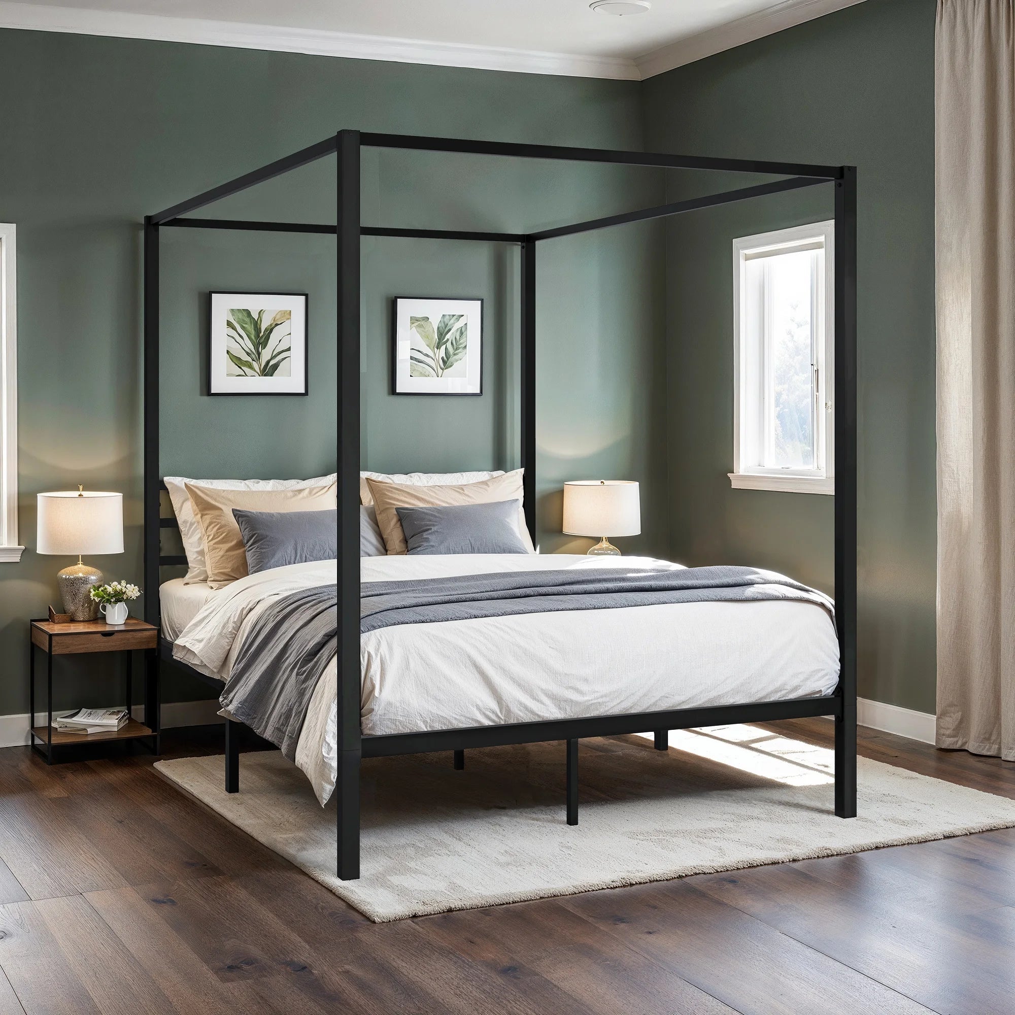 Canopy Bed Frame Enhanced 4-Poster 3-Metal Crossbar, No Box Spring Needed
