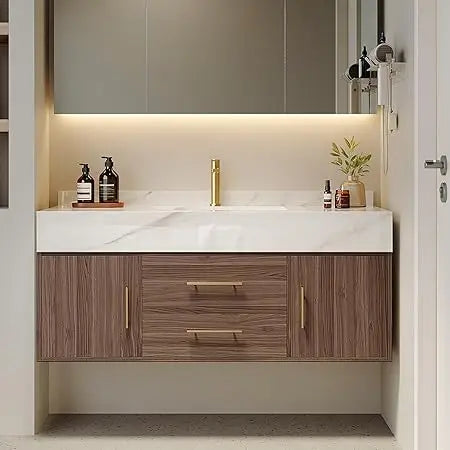Floating Vanity, Sintered Stone Sink, 2 Drawers, 2 Walnut Doors