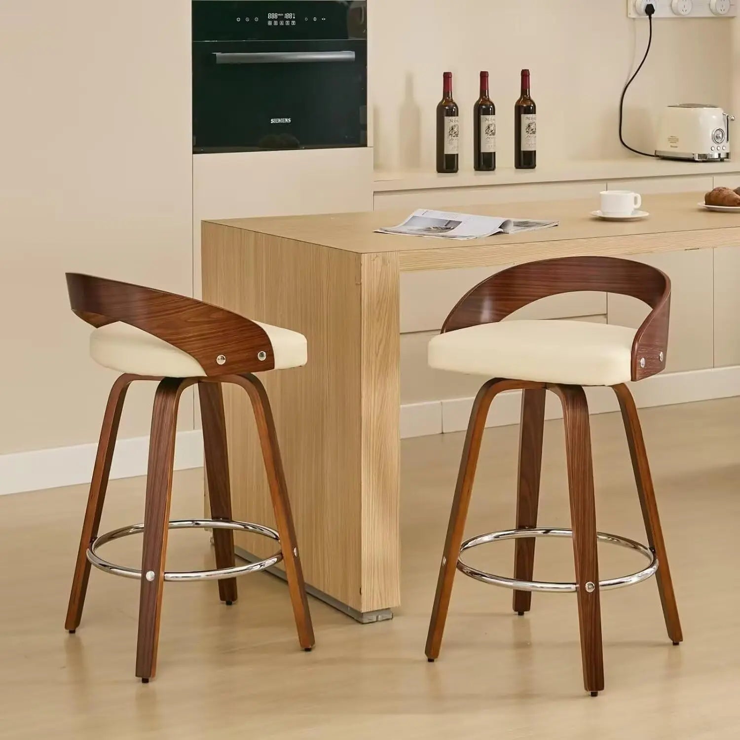 360° Swivel Bar Stools, Low Back Set-of-2, Cherry Wood, Beige PU Upholstered