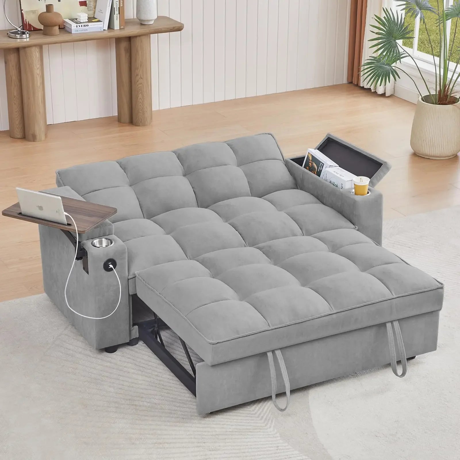 65'' 3-in-1 Folding, Pullout, Convertible Sofa Bed, 360° Swivel Side Table