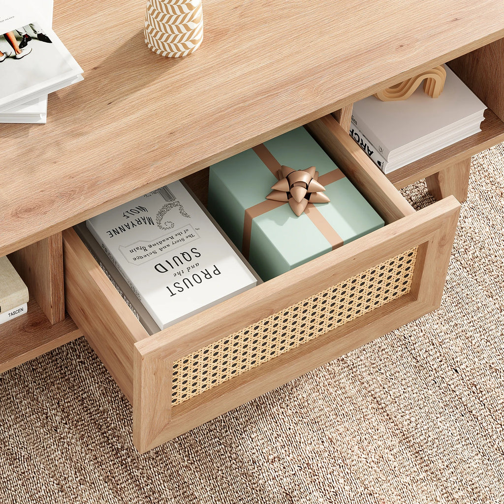Mid Century Coffee Table, Rattan Drawer, Wood Storage Table