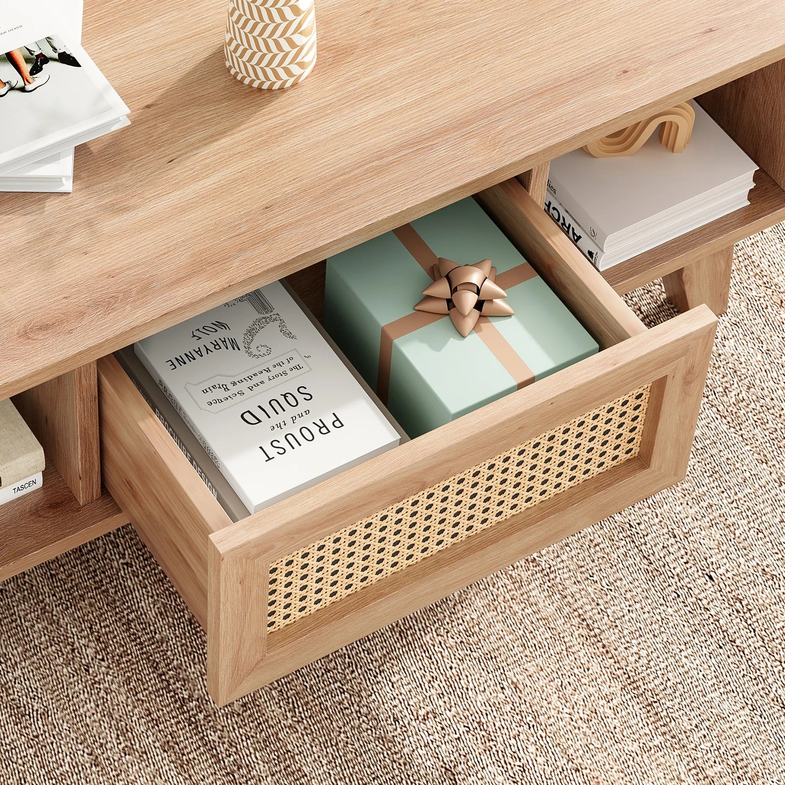 Mid Century Coffee Table, Rattan Drawer, Wood Storage Table