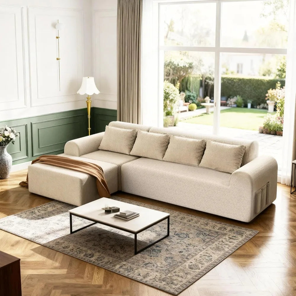 Cloud Boneless Sectional L-Shape 4-Seat Couch Ottoman 4 Pillows