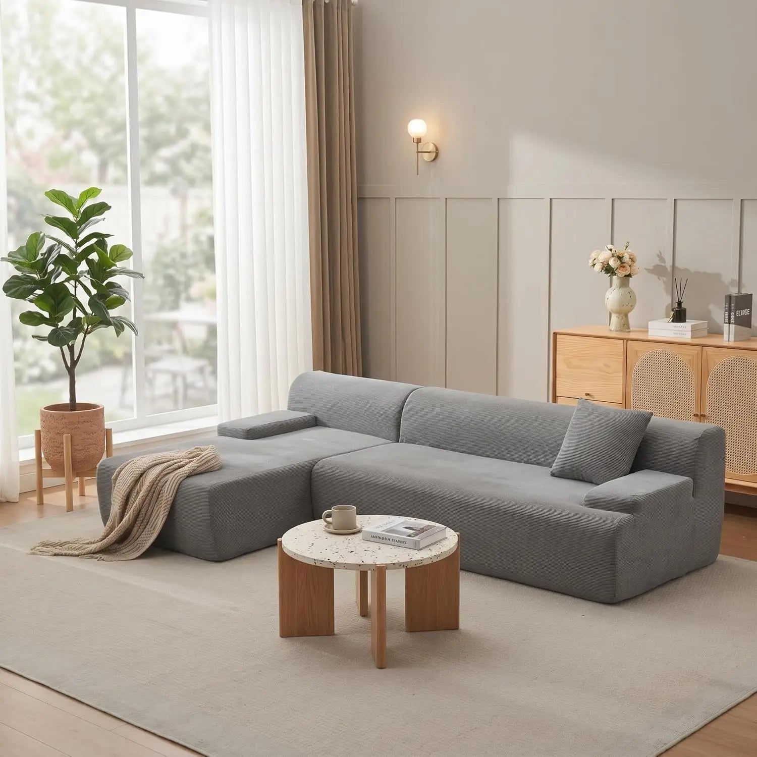 108"  Boneless Corduroy Cloud Sectional Sofa, Left-Facing Chaise, Soft Deep Lounger
