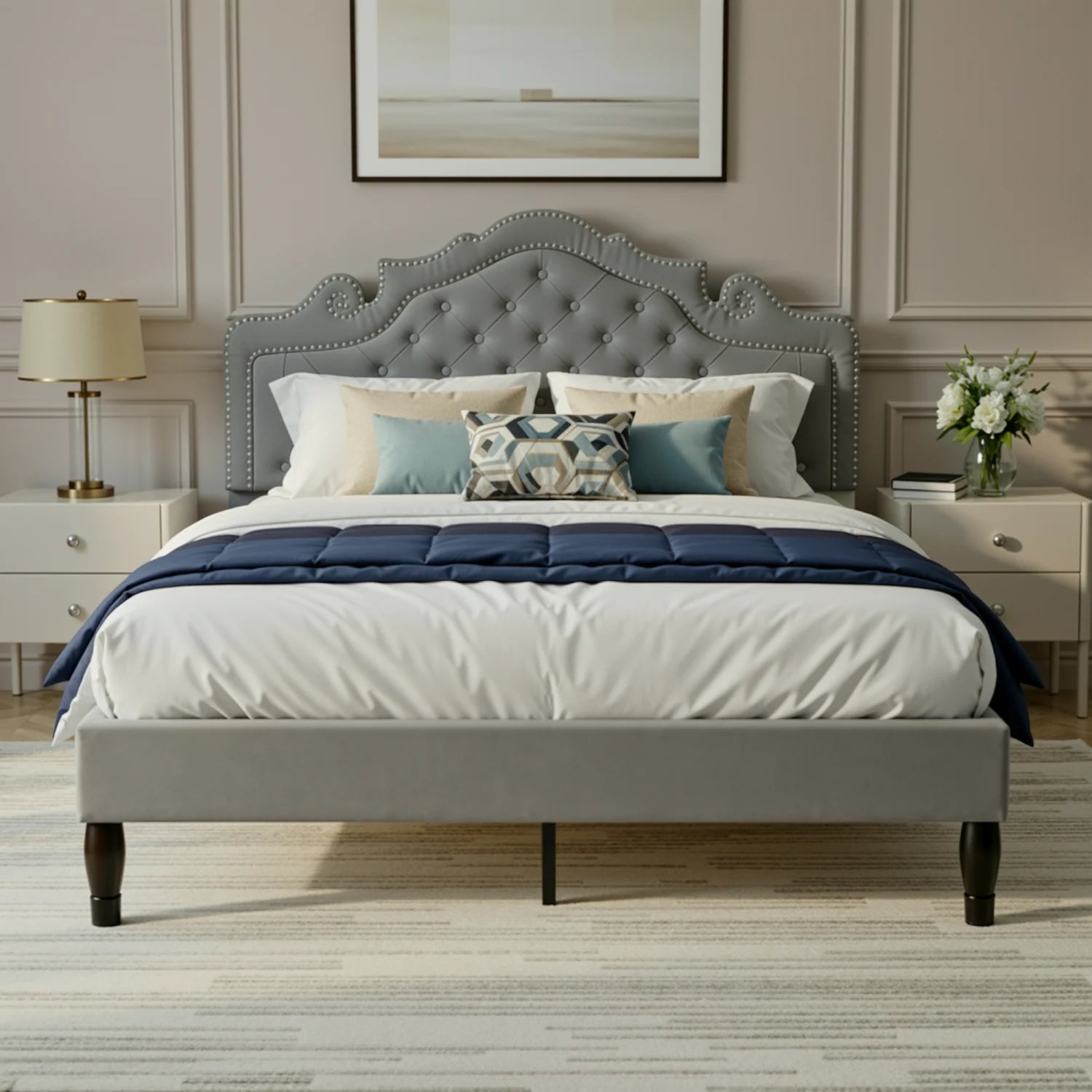 Full/Queen/King Velvet Diamond Tufted Upholstered Adjustable Headboard, Platform Bed Frame