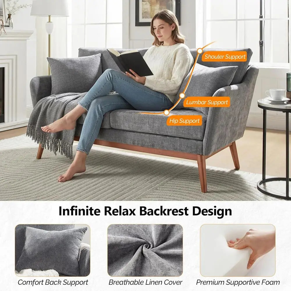 63.5IN Love Seat Couch, Solid Wood 2-Seater, Linen Fabric, Two Pillows