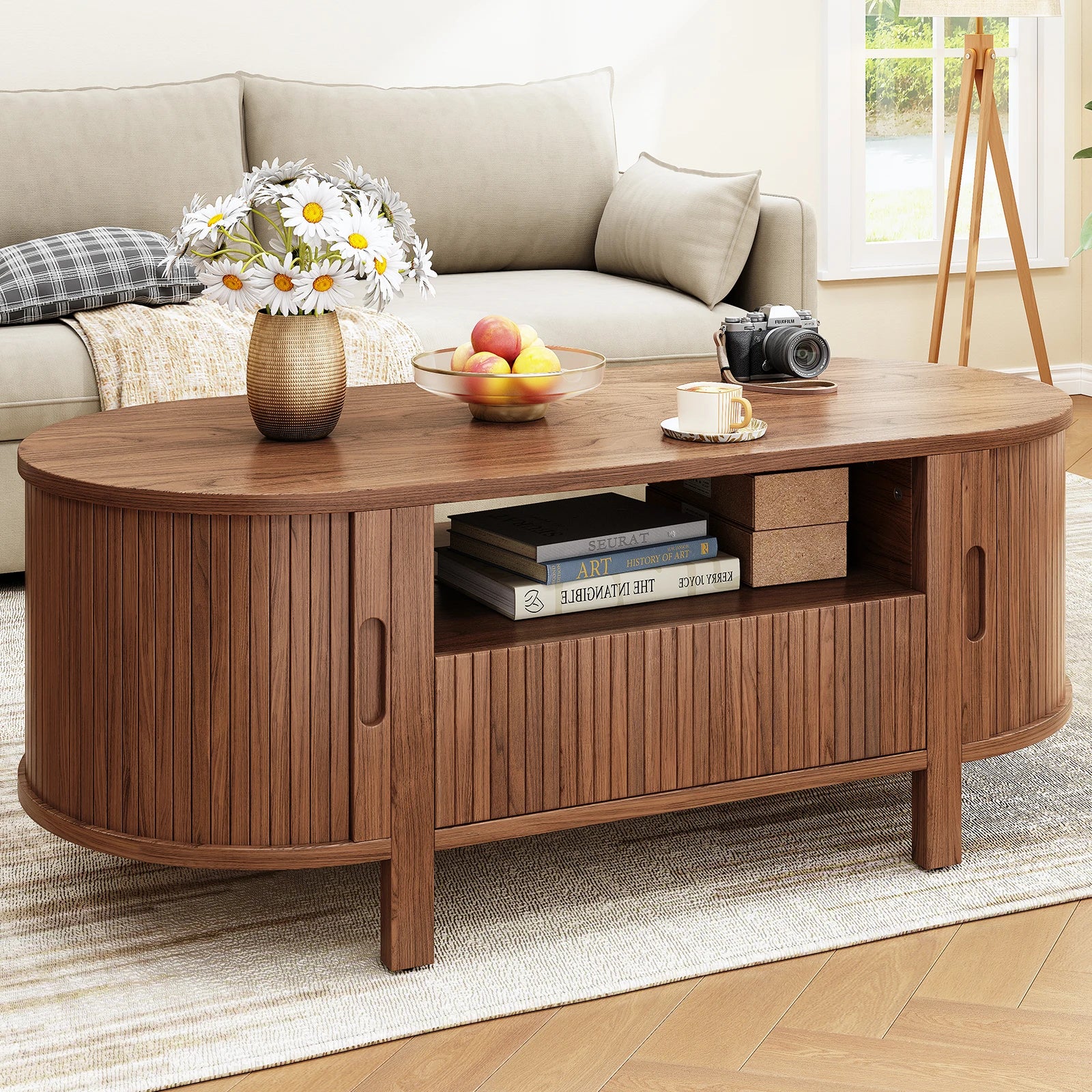 Oval Coffee Table, 47 Inch Fluted with Cabinets & Sliding Doors, Storage