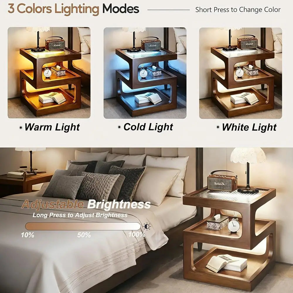Walnut 3-Open Tier, Tempered Glass Top Nightstand, LED Light.