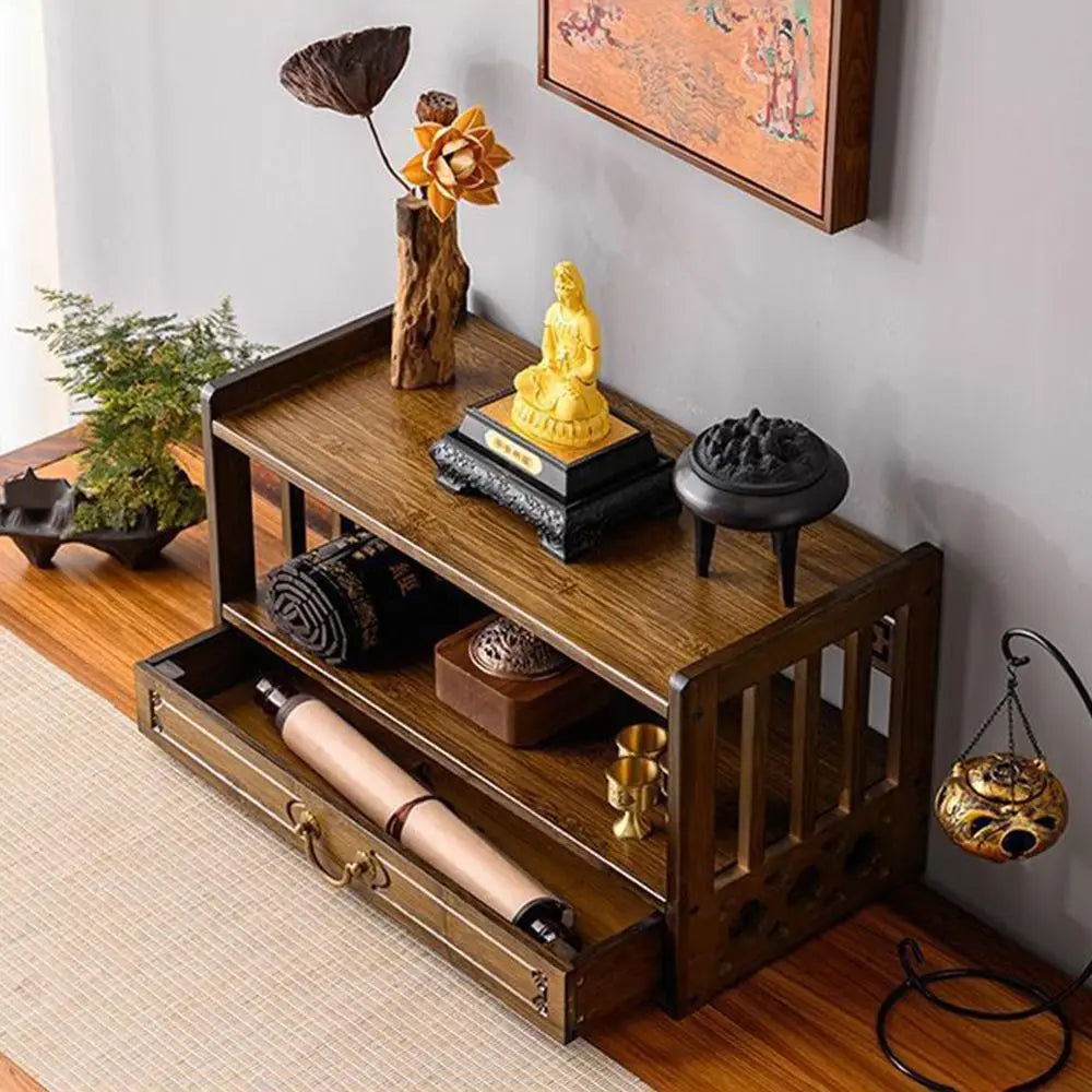 Walnut Meditation  Floor Altar Table, Low 2-Tier Japanese/Puja Table, Drawer