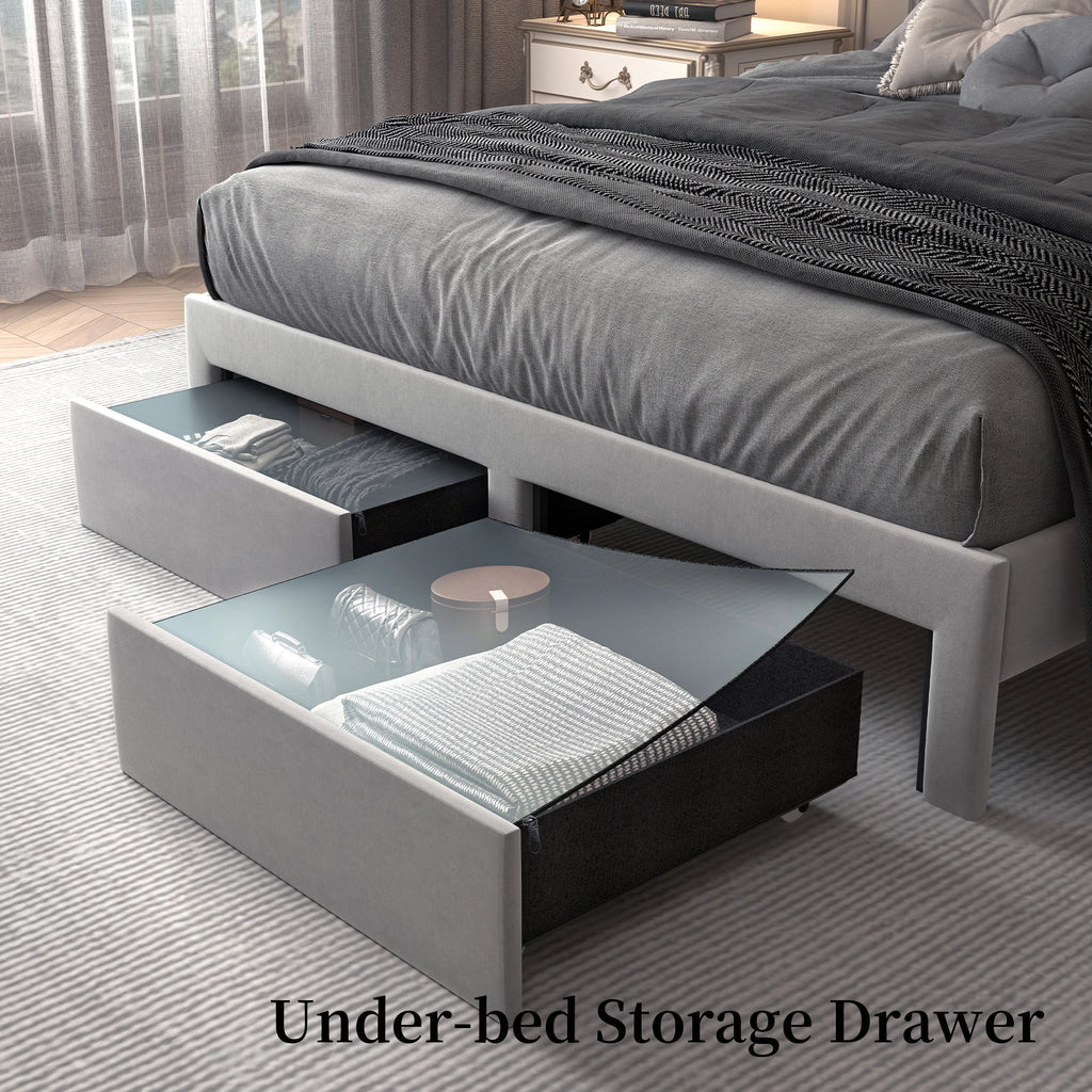 LED Bed Frame, Storage, Star Projector, Charging Station, 2-Tier Headboard, PU Leather Bed