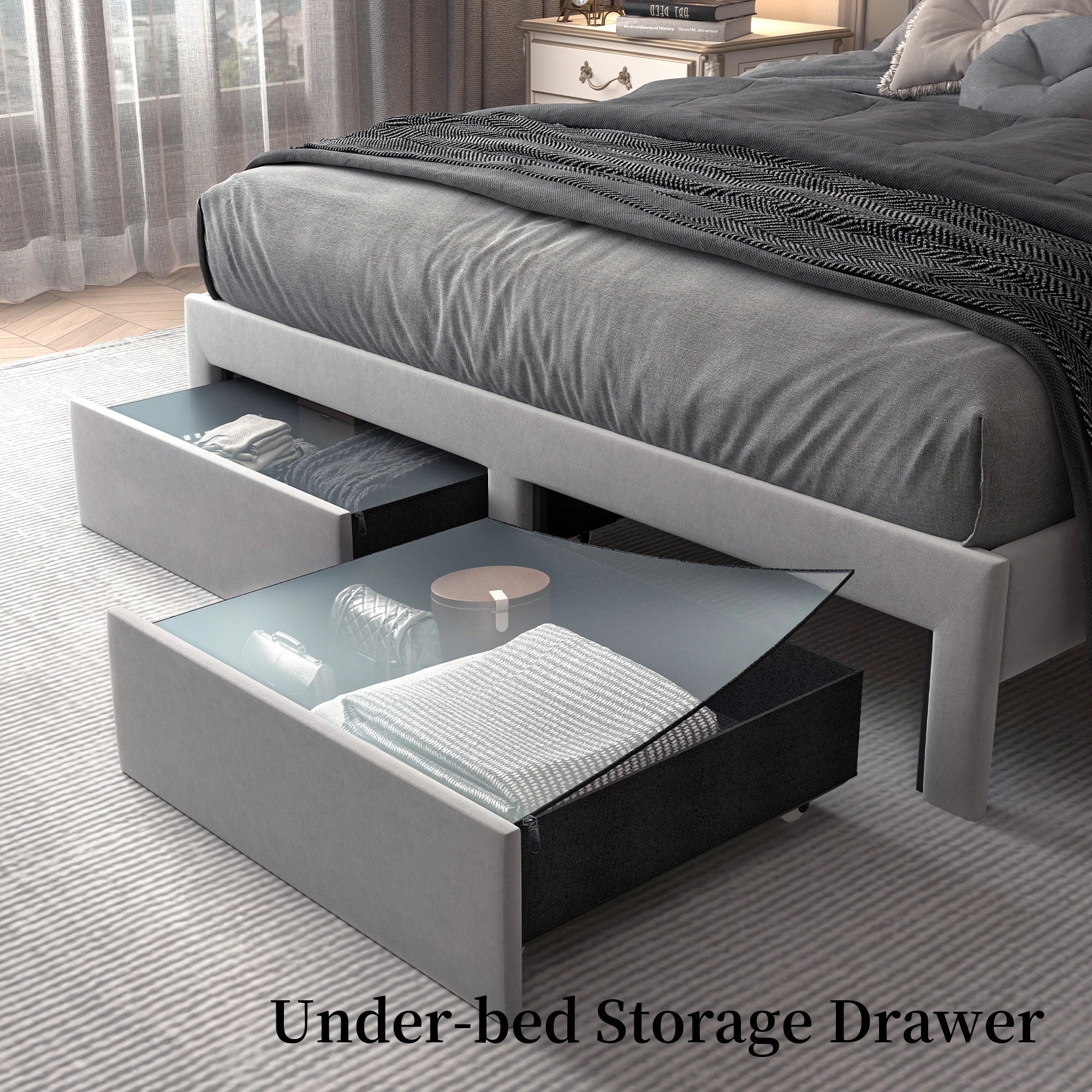 LED Bed Frame, Storage, Star Projector, Charging Station, 2-Tier Headboard, PU Leather Bed