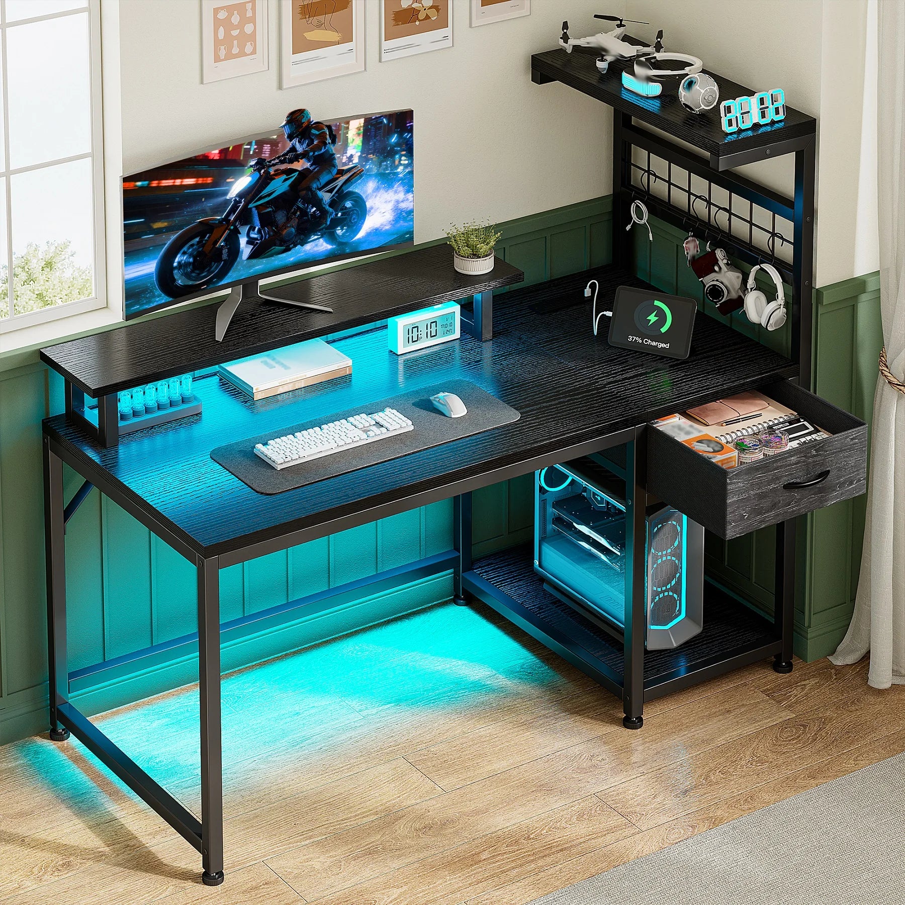 40" Computer Desk, Outlets, RGB LED Lights, Drawer, CPU Shelf